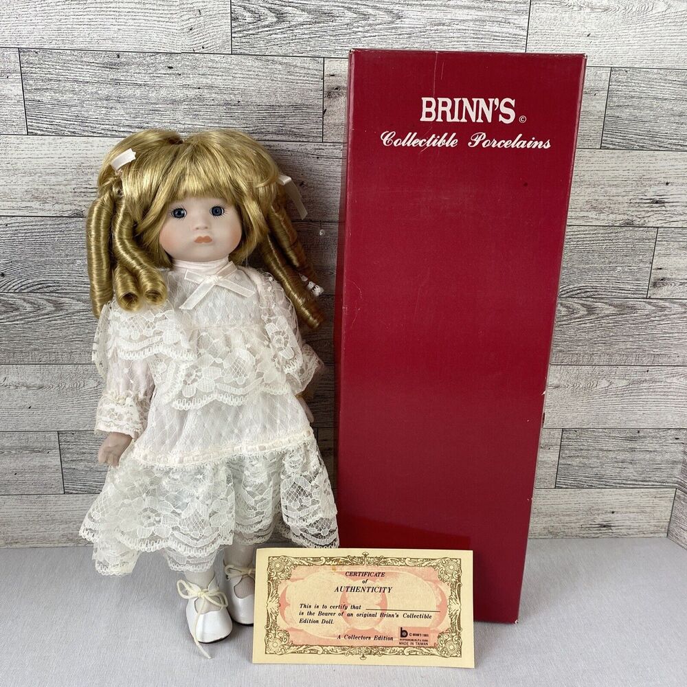 Vintage 1990 BRINN’S Collectible Porcelain Doll 14” HEIDI Pink Dress Blue Eye
